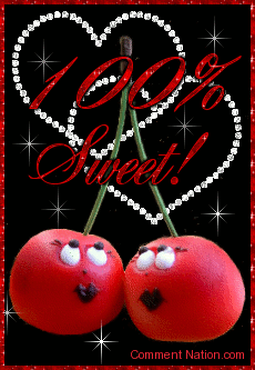 Click to get the codes for this image. This cute glitter graphic shows two smiling flirty cherries with glittered diamond hearts in the background. The comment reads: 100% Sweet!
