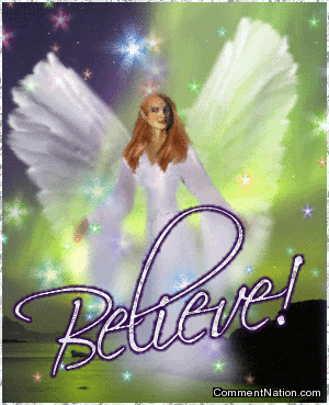 Click to get the codes for this image. This beautiful graphic features an angel floating above a green and purple ocean. The comment reads: Believe!