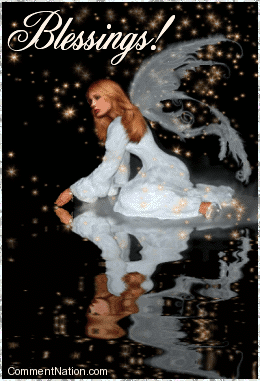 Click to get the codes for this image. This glitter graphic shows a beautiful blonde angel in a whte dress seated by an animated reflecting pool. The comment reads "Blessings!"