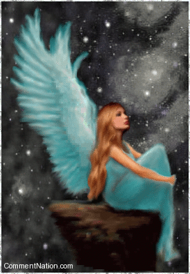 Click to get the codes for this image. This beautiful graphic features a beautiful blonde angel seated on an outcropping of rock in front of an animated sky of twinkling stars.
