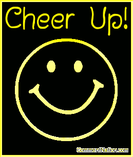 Click to get the codes for this image. This animated graphic shows a 3D yellow metallic smiley face rotating in space. The comment reads "Cheer Up!"