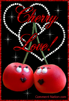 Click to get the codes for this image. This cute glitter graphic shows two smiling flirty cherries with glittered diamond hearts in the background. The comment reads: Cherry Love!