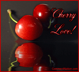 Click to get the codes for this image. This graphic shows a photo of two cherries reflecting in an animated pool. The comment reads: Cherry Love!