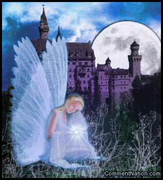 Click to get the codes for this image. This beautiful glitter graphic features a fantasy scene with a fairy seated on the ground holding a glowing white starburst. She's wearing a light blue gown and has glittered wings. In the background are a purple castle with a huge moon rising behind it.