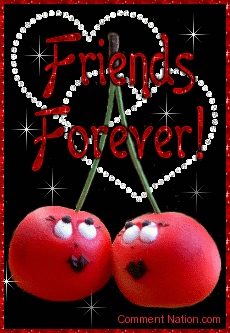 Click to get the codes for this image. This cute glitter graphic shows two smiling flirty cherries with glittered diamond hearts in the background. The comment reads: Friends Forever!