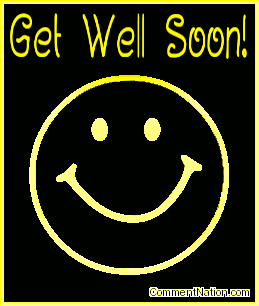 Click to get the codes for this image. This animated graphic shows a 3D yellow metallic smiley face rotating in space. The comment reads "Get Well Soon!"