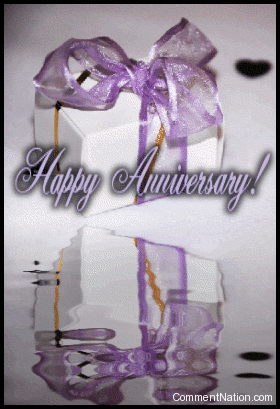 Click to get the codes for this image. Tell your sweetie how much they mean with this beautiful Happy Aniversary animated graphic. The picture shows a present with a beautiful purple bow reflected in an animated pool. The comment reads "Happy Anniversary!"