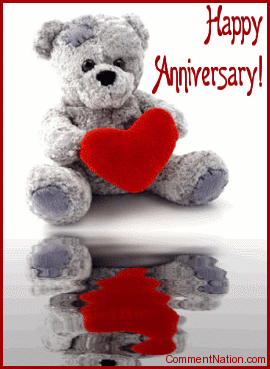 Click to get the codes for this image. Wish your sweetie a happy anniversary with this adorable animated graphic. The picture shows a cute teddy bear holding a red heart reflected in an animated pool. The comment reads "Happy Anniversary!"