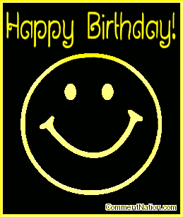 Click to get the codes for this image. This animated graphic shows a 3D yellow metallic smiley face rotating in space. The comment reads "Happy Birthday!"