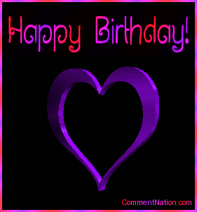 Click to get the codes for this image. This beautiful graphic shows an animated rotating 3D heart that changes color from red to pink to purple. The comment reads "Happy Birthday!"