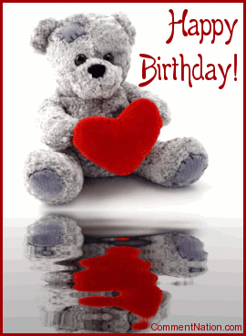 Click to get the codes for this image. This cute graphic shows an adorable grey teddy bear holding a read heart reflected in an animated pool. The comment reads: Happy Birthday!