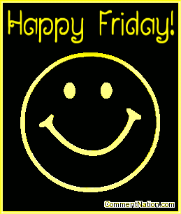 Click to get the codes for this image. This animated graphic shows a 3D yellow metallic smiley face rotating in space. The comment reads "Happy Friday!"