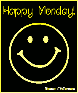 Click to get the codes for this image. This animated graphic shows a 3D yellow metallic smiley face rotating in space. The comment reads "Happy Monday!"