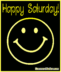 Click to get the codes for this image. This animated graphic shows a 3D yellow metallic smiley face rotating in space. The comment reads "Happy Saturday!"
