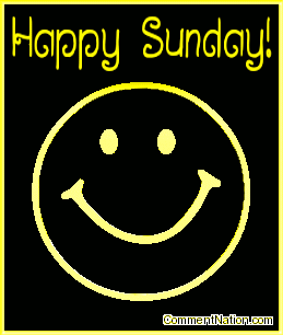 Click to get the codes for this image. This animated graphic shows a 3D yellow metallic smiley face rotating in space. The comment reads "Happy Sunday!"