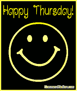 Click to get the codes for this image. This animated graphic shows a 3D yellow metallic smiley face rotating in space. The comment reads "Happy Thursday!"