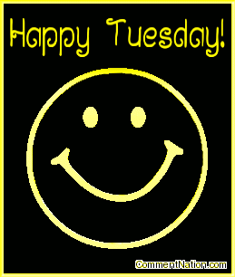 Click to get the codes for this image. This animated graphic shows a 3D yellow metallic smiley face rotating in space. The comment reads "Happy Tuesday!"
