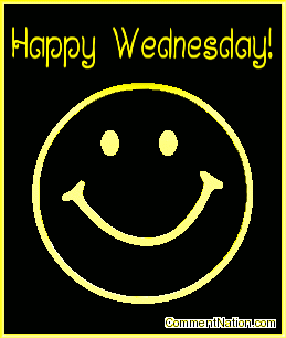Click to get the codes for this image. This animated graphic shows a 3D yellow metallic smiley face rotating in space. The comment reads "Happy Wednesday!"