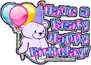 Click to get the codes for this image. This cute glitter graphic is the perfect way to wish your friends a Happy Birthday! The image shows a cute purple teddy bear holding birthday balloons. The comment reads: Have a Beary Happy Birthday!