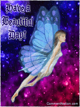 Click to get the codes for this image. This beautiful glitter graphic features a fairy with glittered wings flying through a sky of twinkling stars. The comment reads: Have a Beautiful Day!