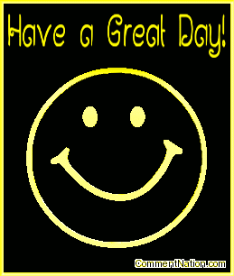Click to get the codes for this image. This animated graphic shows a 3D yellow metallic smiley face rotating in space. The comment reads "Have a Great Day!"