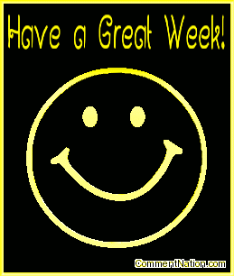 Click to get the codes for this image. This animated graphic shows a 3D yellow metallic smiley face rotating in space. The comment reads "Have a Great Week!"