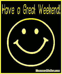 Click to get the codes for this image. This animated graphic shows a 3D yellow metallic smiley face rotating in space. The comment reads "Have a Great Weekend!"
