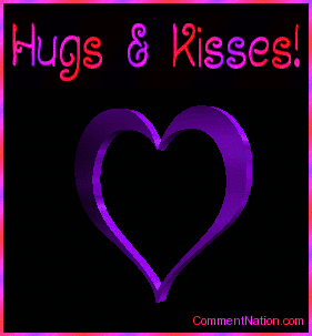 Click to get the codes for this image. This beautiful graphic shows an animated rotating 3D heart that changes color from red to pink to purple. The comment reads "Hugs & Kisses!"
