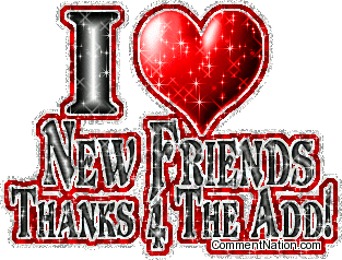 Click to get the codes for this image. This cute glitter graphic has a glittered red heart and the comment reads: I Love New Friends! Thanks 4 the Add!