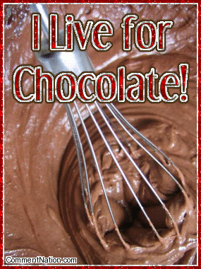 Click to get the codes for this image. Chocolote lovers will enjoy this cute glitter graphic. It shows a mixer beating chocolate cake batter. The comment reads: I Live for Chocolate!