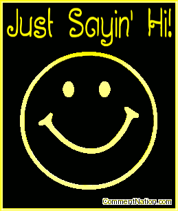 Click to get the codes for this image. This animated graphic shows a 3D yellow metallic smiley face rotating in space. The comment reads "Just Sayin' Hi!"