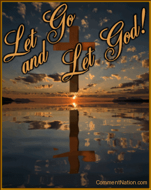 Click to get the codes for this image. This beautiful Christian graphic shows a cross hanging in the sky at sunset reflected in an animated ocean. The comment reads "Let Go and Let God!"