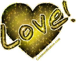 Click to get the codes for this image. Glitter graphic of a gold heart with the comment: Love!