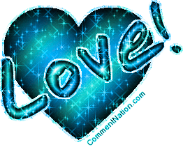 Click to get the codes for this image. Glitter graphic of a green and blue heart with the comment: Love!