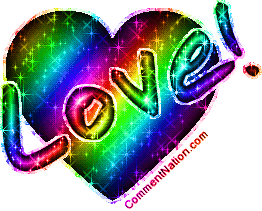 Click to get the codes for this image. Glitter graphic of a rainbow colored heart with the comment: Love!