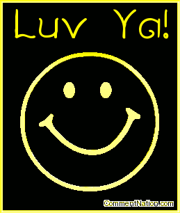 Click to get the codes for this image. This animated graphic shows a 3D yellow metallic smiley face rotating in space. The comment reads "Luv Ya!"