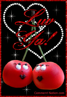 Click to get the codes for this image. This cute glitter graphic shows two smiling flirty cherries with glittered diamond hearts in the background. The comment reads: Luv Ya!