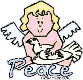 Click to get the codes for this image. This adorable glitter graphic shows a cute baby cherub angel holding a white dove. The comment reads "Peace".