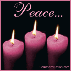 Click to get the codes for this image. This beautiful graphic shows three animated flames on pink candles. The comment reads "Peace..."