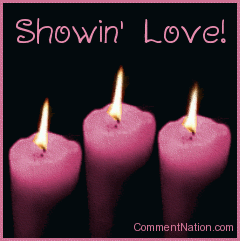 Click to get the codes for this image. This beautiful graphic shows three animated flames on pink candles. The comment reads "Showin' Love!"
