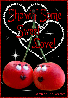 Click to get the codes for this image. This cute glitter graphic shows two smiling flirty cherries with glittered diamond hearts in the background. The comment reads: Showin' Some Sweet Love!