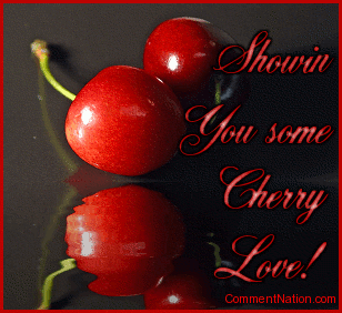 Click to get the codes for this image. This animated graphic has a photo of two cherries reflecting in an animated pool. The comment reads: Showih' You some Cherry Love!