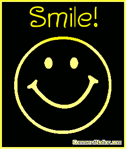 Click to get the codes for this image. This animated graphic shows a 3D yellow metallic smiley face rotating in space. The comment reads "Smile!"