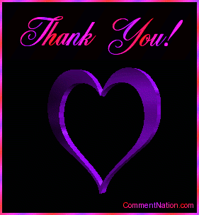 Click to get the codes for this image. This beautiful graphic shows an animated rotating 3D heart that changes color from red to pink to purple. The comment reads "Thank You!"