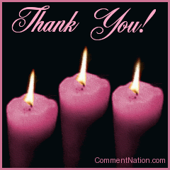 Click to get the codes for this image. This beautiful graphic shows three animated flames on pink candles. The comment reads "Thank You!"