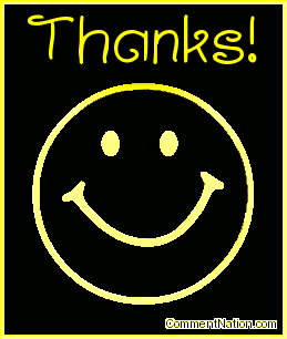 Click to get the codes for this image. This animated graphic shows a 3D yellow metallic smiley face rotating in space. The comment reads "Thanks!"
