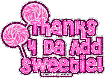 Click to get the codes for this image. This cute glitter graphic shows two pink swirly lollipops with the comment: Thanks 4 Da Add Sweetie!