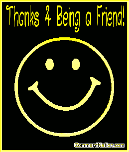 Click to get the codes for this image. This animated graphic shows a 3D yellow metallic smiley face rotating in space. The comment reads "Thanks 4 being a Friend!"