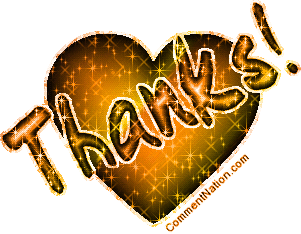 Click to get the codes for this image. Glitter graphic of an orange and gold heart with the comment: Thanks!