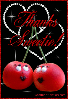 Click to get the codes for this image. This cute glitter graphic shows two smiling flirty cherries with glittered diamond hearts in the background. The comment reads: Thanks Sweetie!